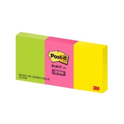 3M 포스트잇 강한점착용 형광 653SSN-3 라임+핫핑크+레몬