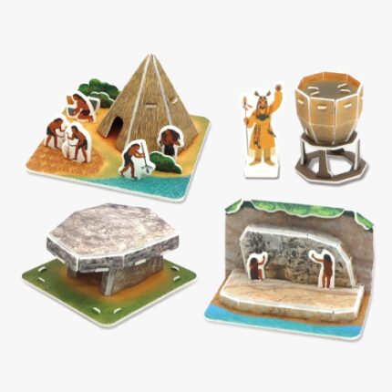 모또 선사시대 4종 키트 완성 모습: 빗살무늬토기, 고인돌, 움집, 동굴 벽화 만들기